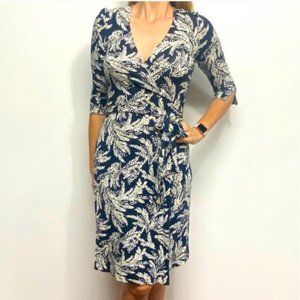 cAbi Navy Blue White Leaf Print Midi Wrap Dress Top Summer 496 V Neck Large